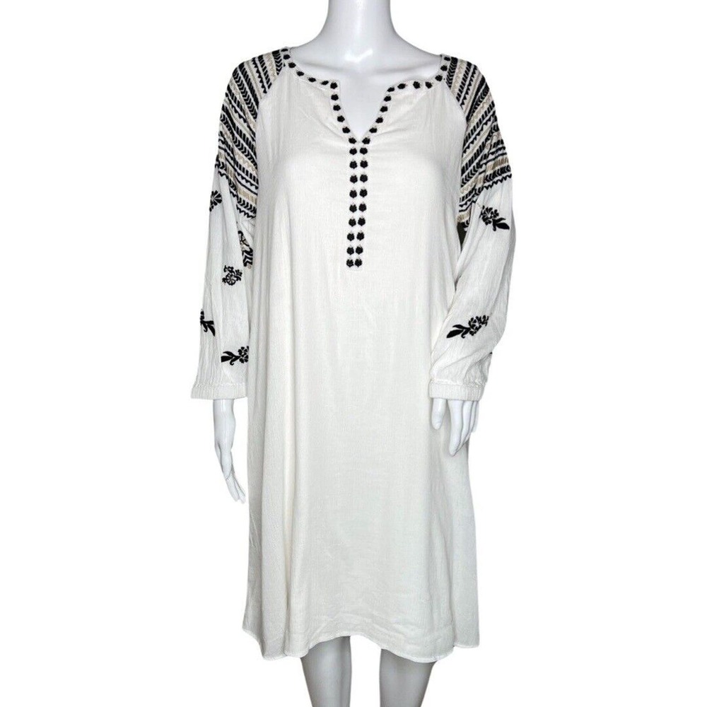 Chicos Dress Womens 6 White Black Embroidered Tunic‎ Shift Boho Bohemian Peasant